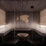 The interior of a private cedar sauna
